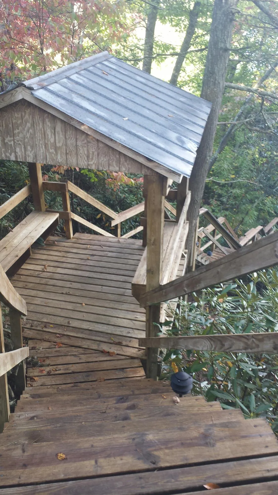 Metal roofed shelter over wooden steps on a wooded walkway — Skylight Repair & Installation work by our crew in Schenectady